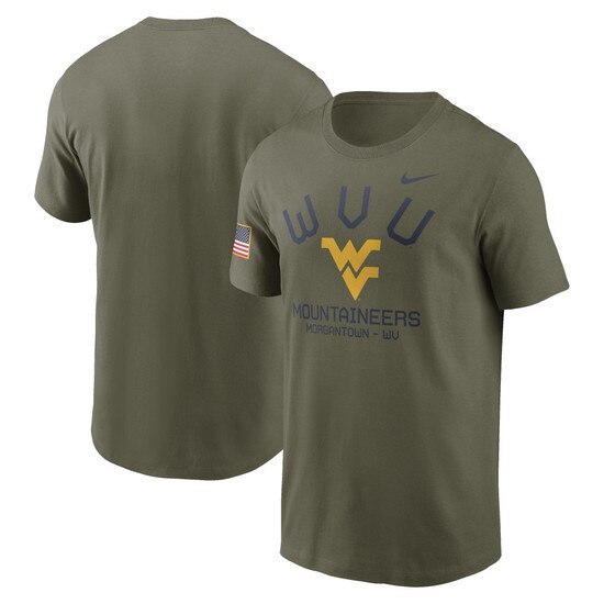 Medium olive Nike WVU short sleeve tee with WVU arched over the Flying WV Logo over Mountaineers over Morgantown WV full front screen print and military style United States flag on right sleeve